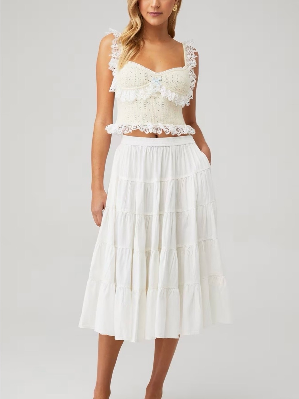 Free People Tiered MIDI Boho Peasant Style White/Ivory Skirt Sz XS EUC